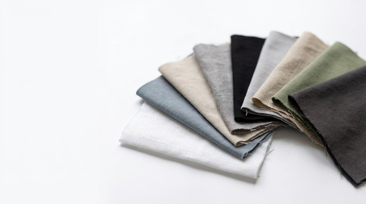 Stack of natural linen and cotton fabrics in COMFIQ colours