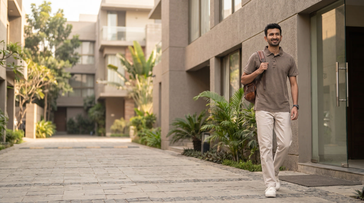Walking out through a courtyard in a polo and chino