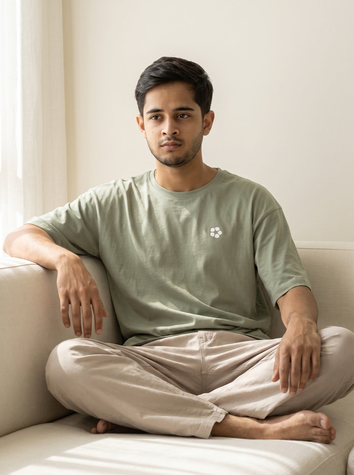 Relaxing on the sofa in a linen trouser and AeroCotton tee