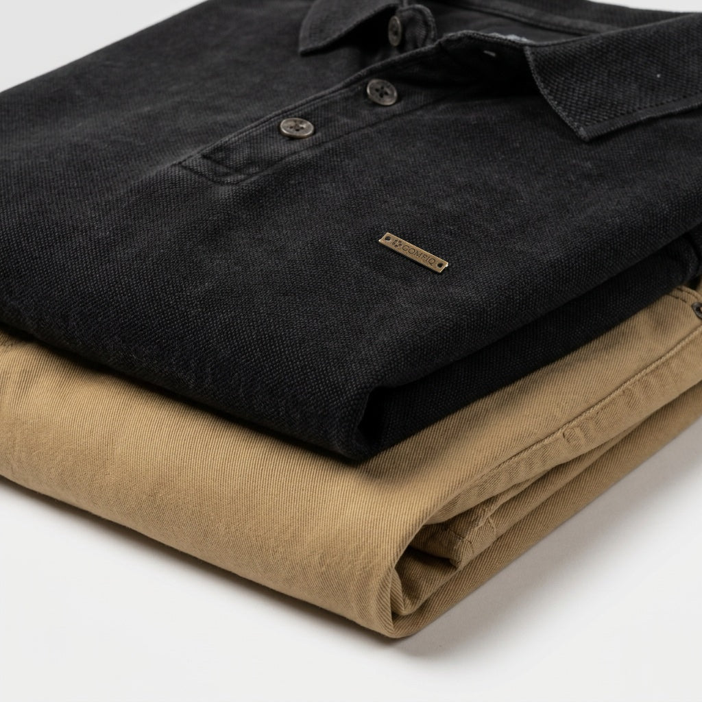 Charcoal vintage polo folded on a khaki relaxed chino