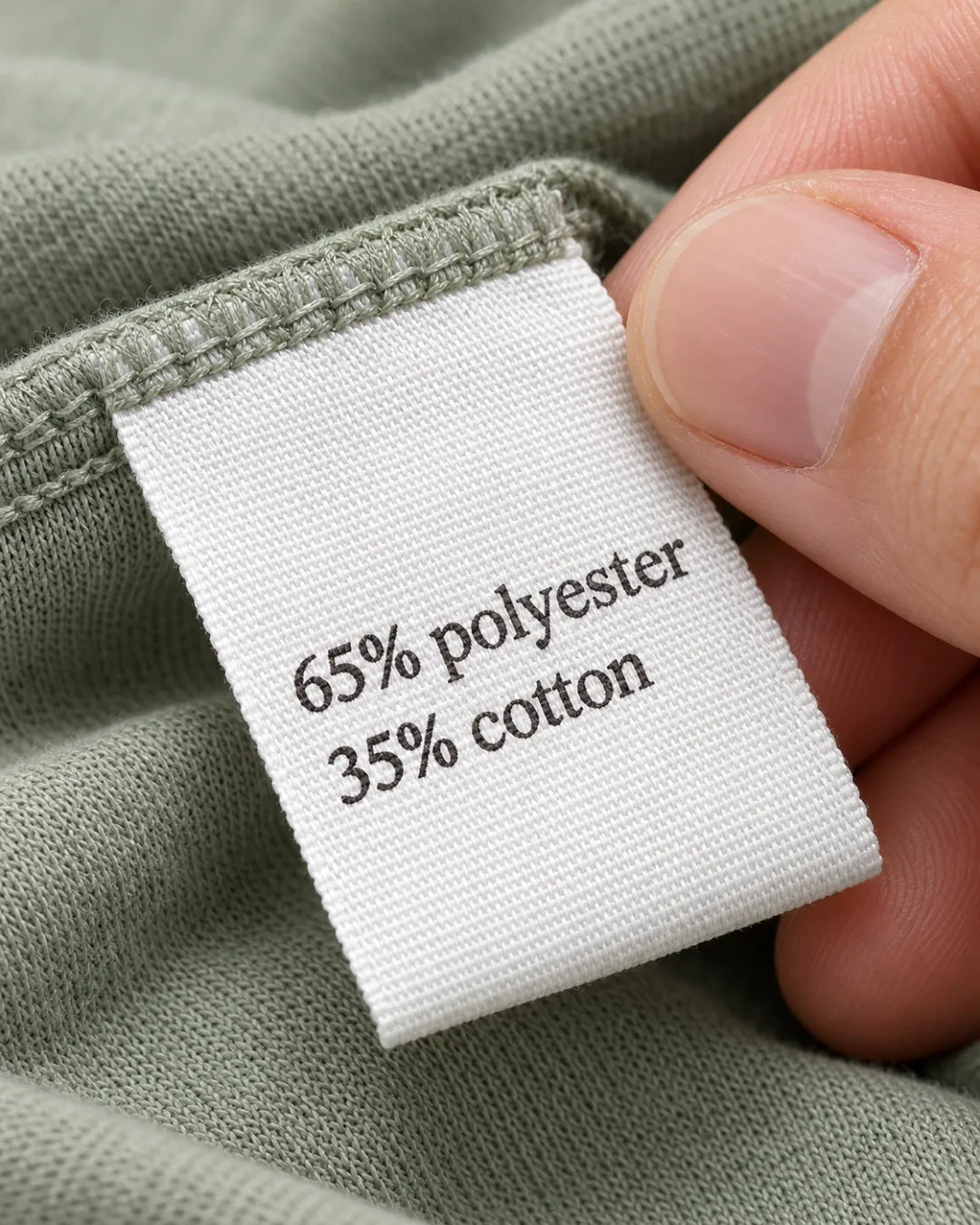 Hand turning over a garment label that reads 65% polyester 35% cotton