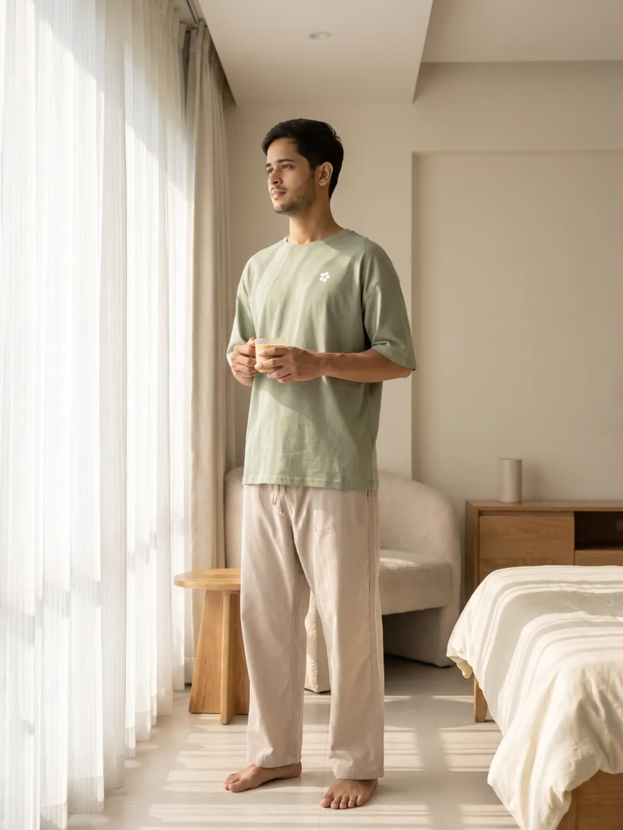 At home by a sunlit window in a sage AeroCotton tee and linen trouser