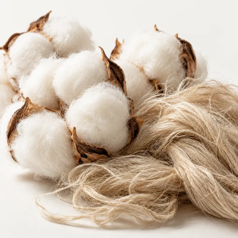 Raw cotton bolls and flax fibre
