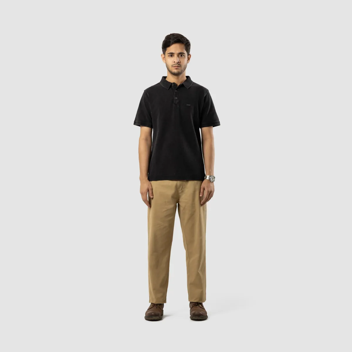 Charcoal polo and khaki chino, the Full Work2Play Look